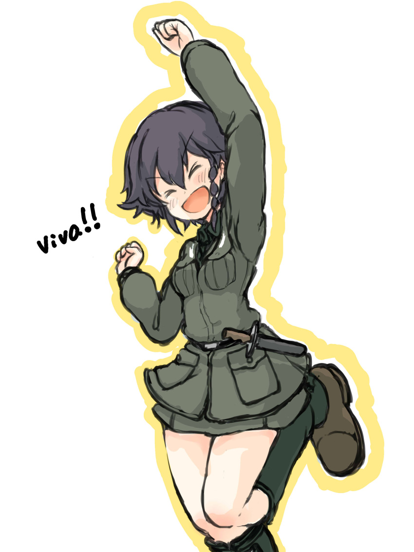 1girl absurdres anzio_military_uniform bangs belt black_boots black_hair black_shirt boots braid closed_eyes commentary_request days135 dress_shirt girls_und_panzer grey_jacket grey_skirt highres italian jacket knife leg_up long_sleeves military military_uniform miniskirt open_mouth pencil_skirt pepperoni_(girls_und_panzer) raised_fist shirt short_hair side_braid simple_background skirt smile solo standing standing_on_one_leg uniform white_background