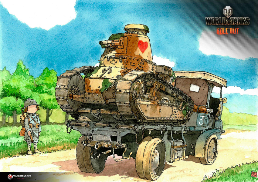 1girl artist_request clouds ft-17 ground_vehicle gun highres military military_vehicle motor_vehicle official_art rifle sky tank tree truck wargaming_japan weapon world_of_tanks