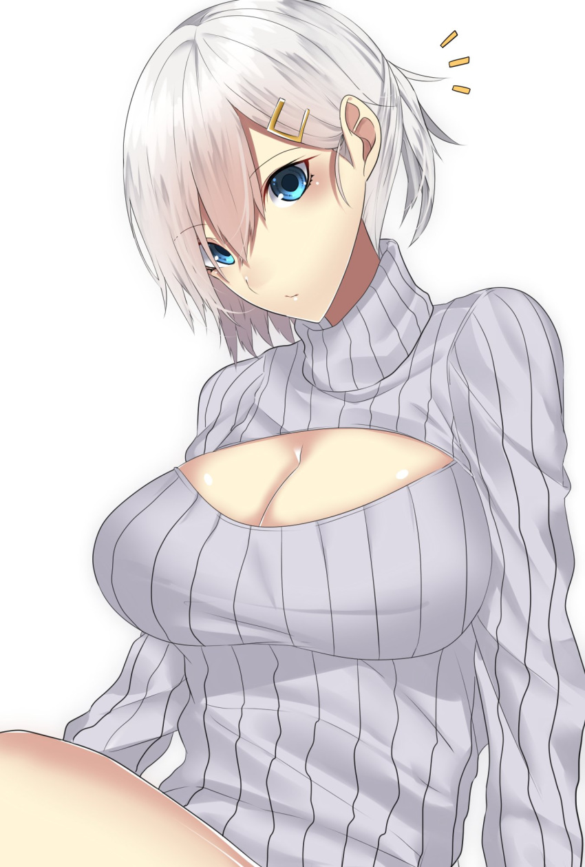 /\/\/\ 1girl arms_at_sides bangs blue_eyes breasts cleavage cleavage_cutout dress eyebrows_visible_through_hair hair_between_eyes hair_ornament hairclip hamakaze_(kantai_collection) head_tilt highres kantai_collection large_breasts long_sleeves looking_at_viewer meme_attire onineko-chan open-chest_sweater ribbed_sweater short_hair silver_hair simple_background sitting solo sweater sweater_dress turtleneck upper_body white_background white_sweater