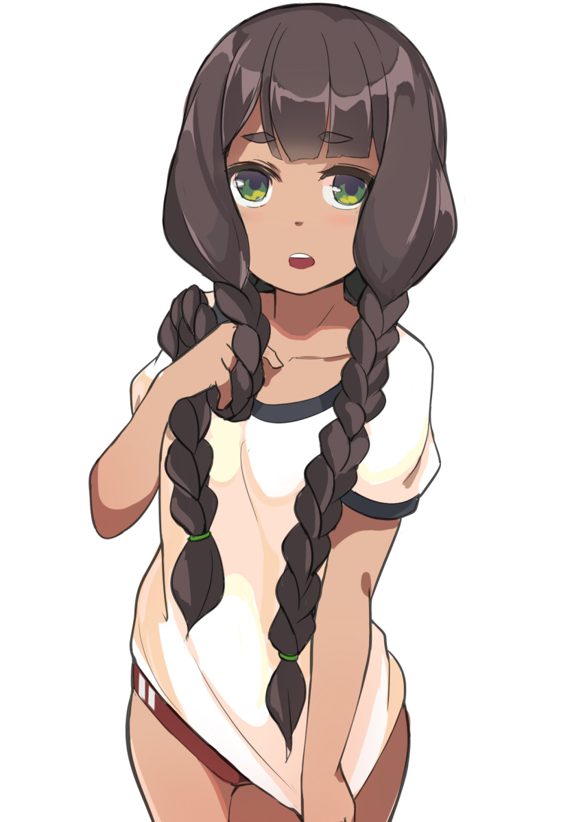 1girl black_hair braid buruma green_eyes gym_uniform highres holding holding_hair long_hair open_mouth original shirt shirt_tug solo toy_box-r twin_braids twintails very_long_hair