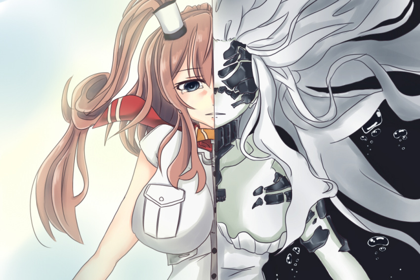 2girls absurdly_long_hair abyssal_jellyfish_hime ame_kami_chisato blue_eyes breast_pocket breasts brown_hair cleavage dress floating_hair hair_between_eyes kantai_collection large_breasts long_hair multiple_girls neckerchief one_eye_covered open_mouth pocket ponytail red_neckerchief saratoga_(kantai_collection) shinkaisei-kan side_ponytail very_long_hair white_dress white_hair white_skin