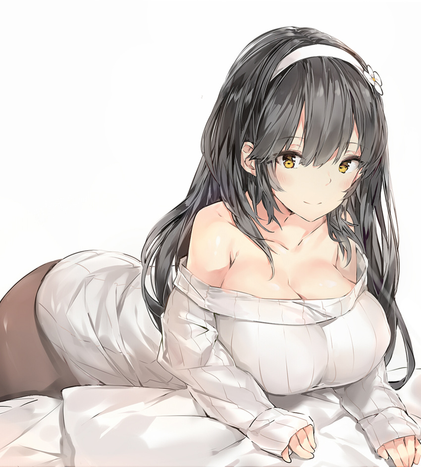 1girl alternate_costume bangs bare_shoulders bed_sheet black_hair blunt_bangs breasts brown_eyes brown_legwear casual closed_mouth collarbone commentary_request eyebrows_visible_through_hair eyelashes flower foreshortening girls_frontline hair_flower hair_ornament hairband highres large_breasts long_hair long_sleeves looking_at_viewer lying off-shoulder_sweater on_stomach pantyhose qbz-95_(girls_frontline) ribbed_sweater silver_(chenwen) simple_background sleeves_past_wrists smile solo sweater tsurime white_background white_hairband white_sweater