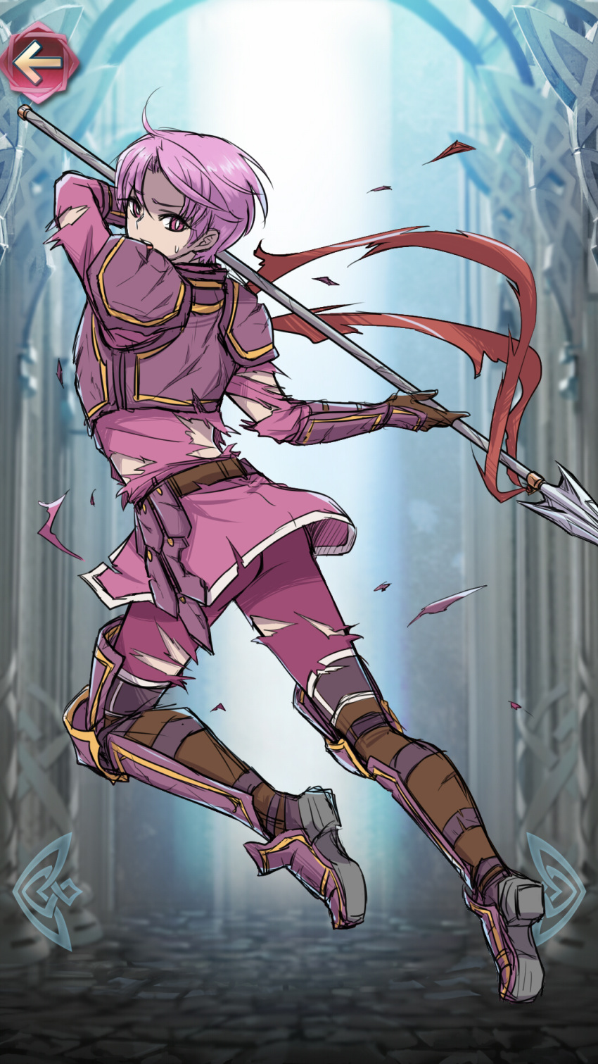 1boy armor armored_boots back boots fake_screenshot fire_emblem fire_emblem:_mystery_of_the_emblem fire_emblem_heroes gloves highres lavillardia male_focus open_mouth polearm purple_hair roshea solo spear teeth torn_clothes violet_eyes weapon
