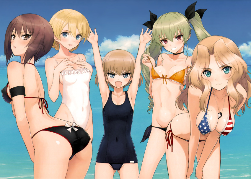 &gt;:d 5girls :d absurdres american_flag_bikini anchovy armpits arms_up ass bangs bent_over between_breasts bikini black_bikini blonde_hair blue_bikini blush breasts brown_eyes brown_hair casual_one-piece_swimsuit choker cleavage contrapposto covered_navel darjeeling detexted dog_tags drill_hair erect_nipples fangs flag_print front-tie_bikini front-tie_top girls_und_panzer gluteal_fold green_hair grin hands_on_own_chest highres horizon katyusha kay_(girls_und_panzer) large_breasts leaning_forward light_smile long_hair looking_at_viewer medium_breasts multiple_girls nishizumi_maho one-piece_swimsuit open_mouth outdoors parted_bangs red_eyes scan school_swimsuit short_hair side-tie_bikini small_breasts smile strap_slip swimsuit tanaka_takayuki twin_drills twintails white_swimsuit