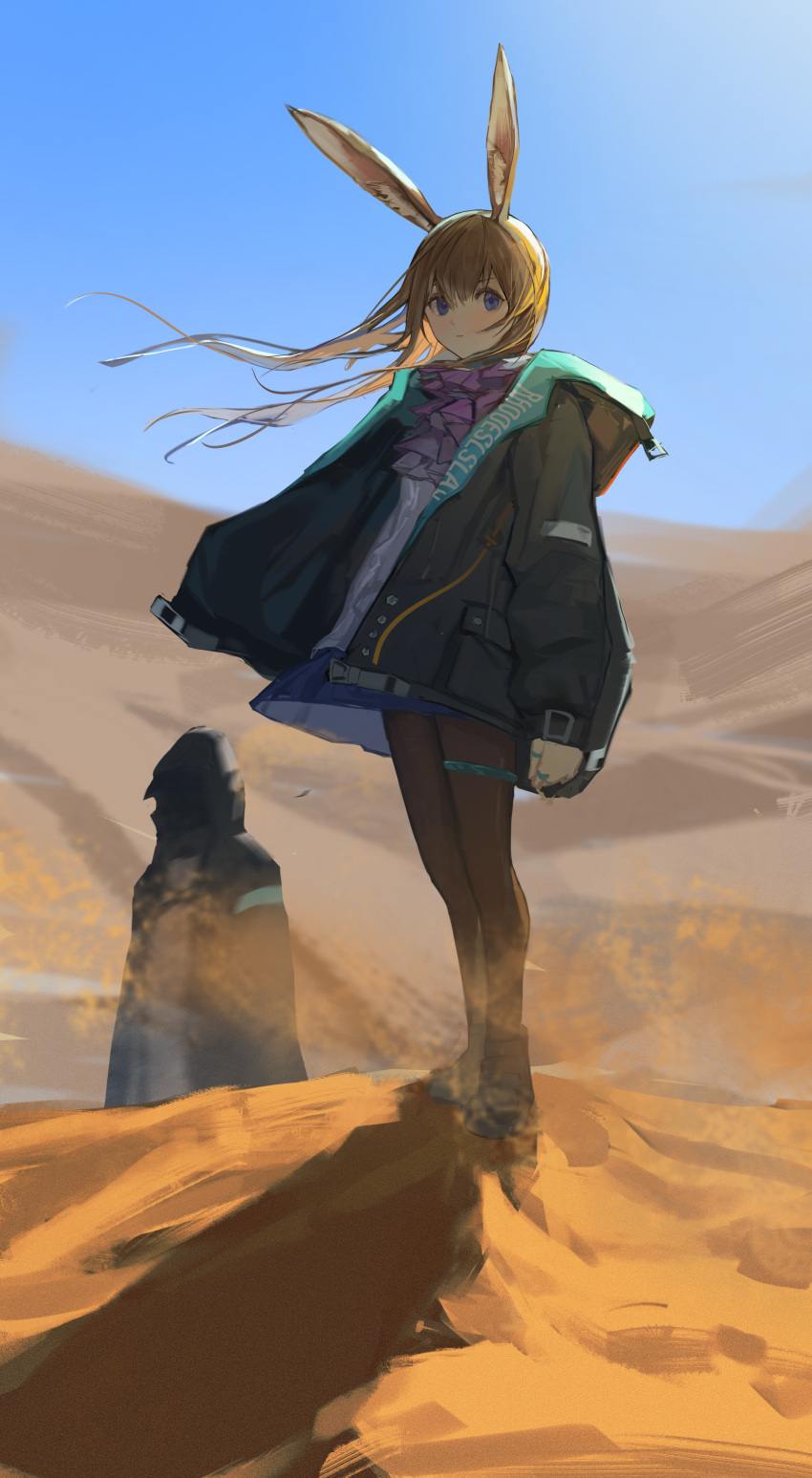 1girl 1other absurdres amiya_(arknights) animal_ears arknights ascot black_jacket black_pantyhose blue_ascot blue_eyes blue_sky brown_hair day doctor_(arknights) floating_hair full_body highres hood hood_down hood_up hooded_jacket jacket jewelry long_hair long_sleeves looking_at_viewer open_clothes open_jacket outdoors pantyhose rabbit_ears ring sand shijiubashuazi shirt shoes sky solo_focus standing thighlet white_shirt wind