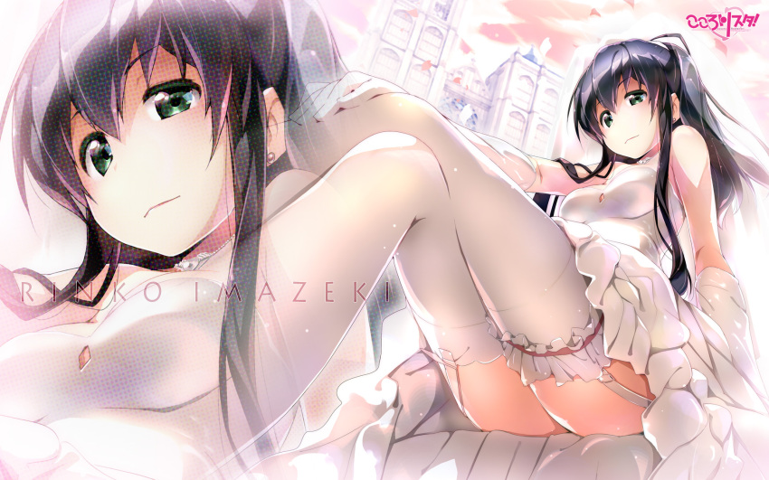 1girl ahoge akata_itsuki arm_at_side ass bangs bare_shoulders black_hair breasts character_name closed_mouth clouds cloudy_sky collarbone copyright_name dress earrings elbow_gloves eyebrows_visible_through_hair garter_straps garters gloves green_eyes hair_between_eyes hand_on_own_knee highres jewelry kokoro_rista! legs legs_crossed long_hair looking_at_viewer medium_breasts necklace petals pink_lips red_ribbon ribbon rinko_imazeki sitting sky smile solo strapless strapless_dress stud_earrings thigh_ribbon wedding_dress white_dress