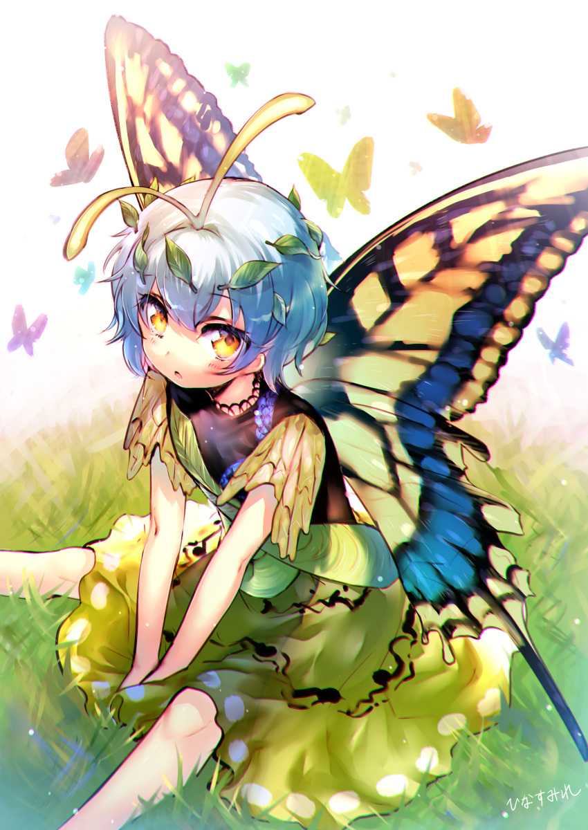 1girl absurdres antennae artist_name blue_hair butterfly butterfly_wings commentary dress eternity_larva from_above grass green_dress hair_ornament highres hinasumire leaf leaf_hair_ornament looking_at_viewer on_ground open_mouth short_hair sitting solo touhou wings yellow_eyes