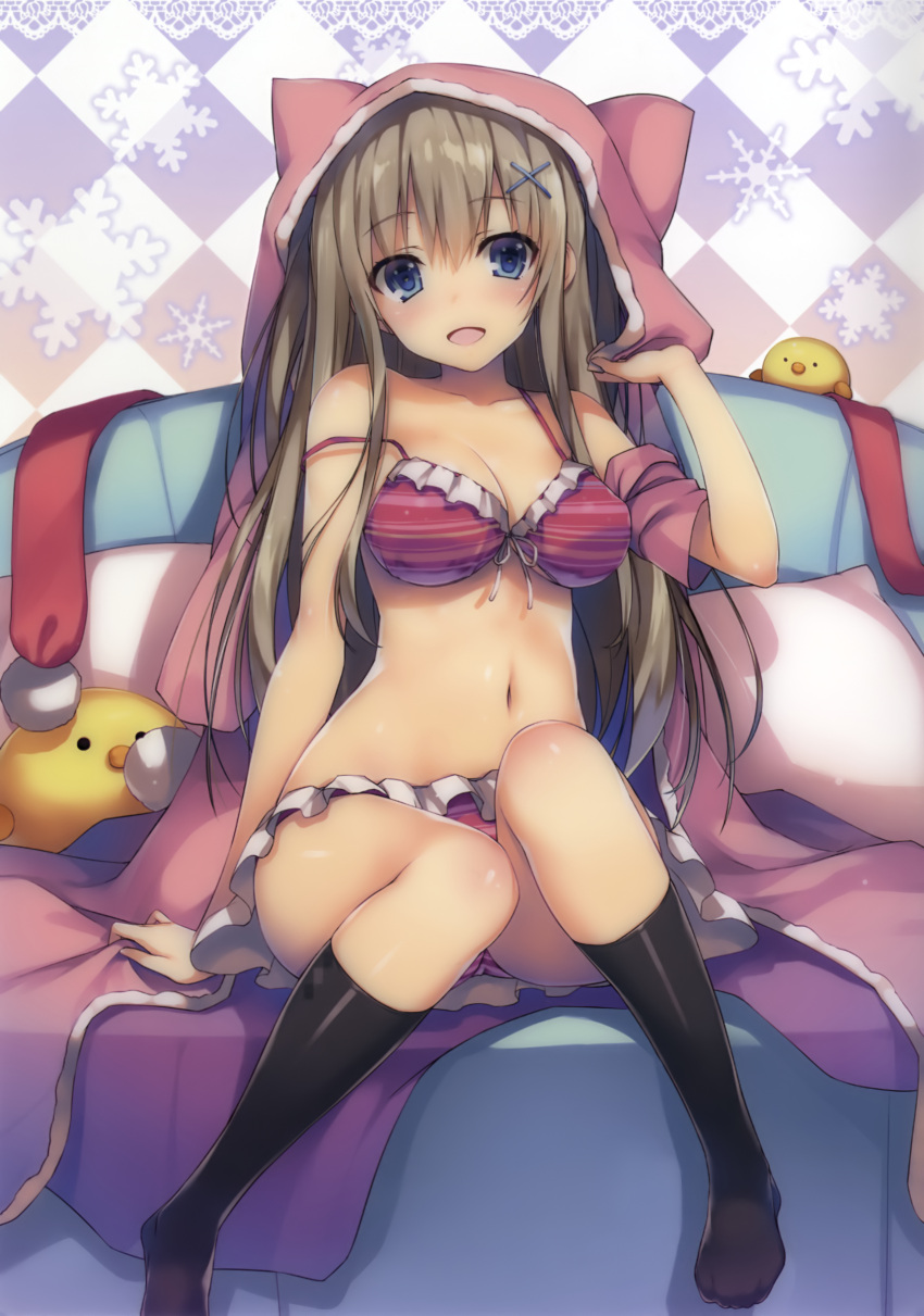 1girl :d absurdres animal_hood bare_arms bare_shoulders bikini black_legwear blue_eyes blush breasts brown_hair cat_hood checkered checkered_background cleavage copyright_request couch eyebrows_visible_through_hair foreshortening frilled_bikini frills front-tie_bikini front-tie_top highres hood hood_up knees_up long_hair looking_at_viewer medium_breasts no_shoes on_couch open_clothes open_mouth pillow scan sitting smile snowflakes solo strap_slip striped striped_bikini stuffed_animal stuffed_toy swimsuit tareme tomose_shunsaku underwear very_long_hair