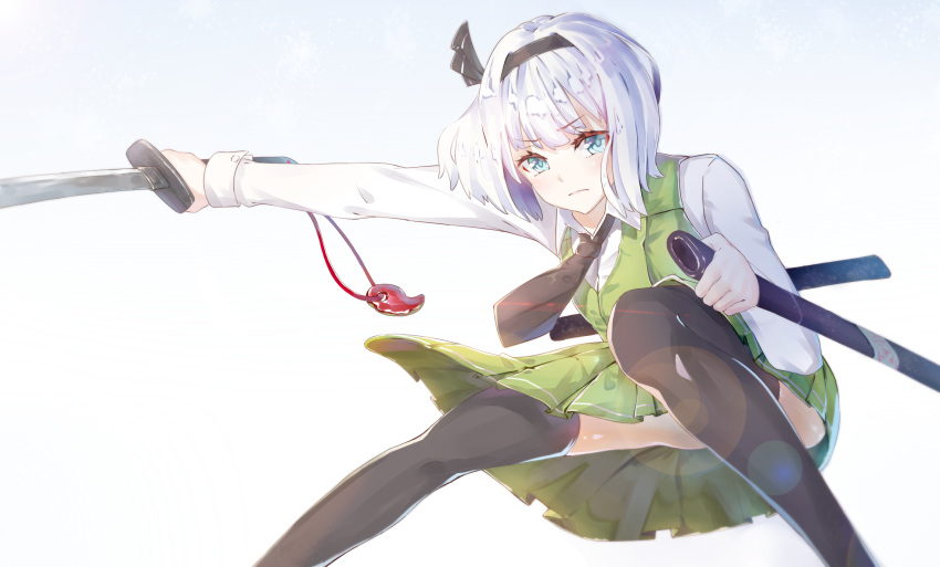 1girl bangs black_hairband black_legwear black_necktie black_ribbon blush closed_mouth collared_shirt cowboy_shot eyebrows_visible_through_hair frilled_skirt frills frown green_skirt green_vest hair_ribbon hairband hand_up highres holding holding_sword holding_weapon idco katana konpaku_youmu konpaku_youmu_(ghost) lens_flare long_sleeves looking_at_viewer miniskirt necktie outstretched_arm pleated_skirt ribbon scabbard sheath shirt short_hair short_sleeves skirt skirt_set sleeve_cuffs solo sword thigh-highs touhou unsheathed vest weapon white_shirt wing_collar