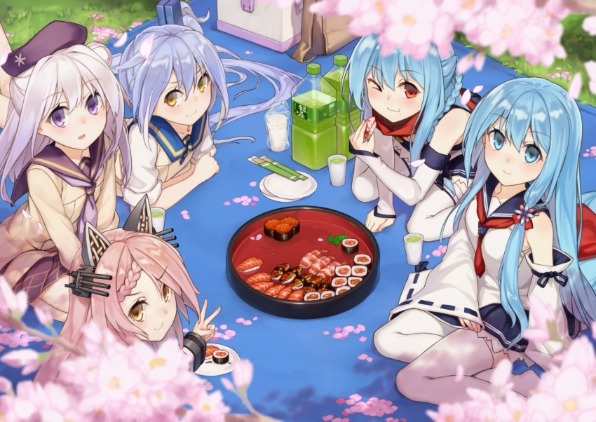 5girls :3 animal_ears arashi_(zhan_jian_shao_nyu) bag beret blanket blue_eyes blue_hair blue_skirt blush bottle braid breasts cherry_blossoms chopsticks closed_mouth crossed_arms cu_(fsy84738368) cup detached_sleeves eating eyebrows_visible_through_hair fake_animal_ears food from_above fubuki_(zhan_jian_shao_nyu) grass green_tea hair_bun hat highres lavender_hair long_hair long_sleeves looking_at_viewer looking_up lying multiple_girls official_art on_stomach one_eye_closed open_mouth outdoors picnic pink_hair plate purple_hat purple_skirt red_eyes red_scarf remodel_(zhan_jian_shao_nyu) sailor_collar scarf shimakaze_(zhan_jian_shao_nyu) shirayuki_(zhan_jian_shao_nyu) shirt side_ponytail sitting skirt sleeves_rolled_up small_breasts smile sushi tea thigh-highs tray turret v very_long_hair violet_eyes wariza white_hair white_legwear white_shirt wide_sleeves yellow_eyes yokozuwari yukikaze_(zhan_jian_shao_nyu) zhan_jian_shao_nyu