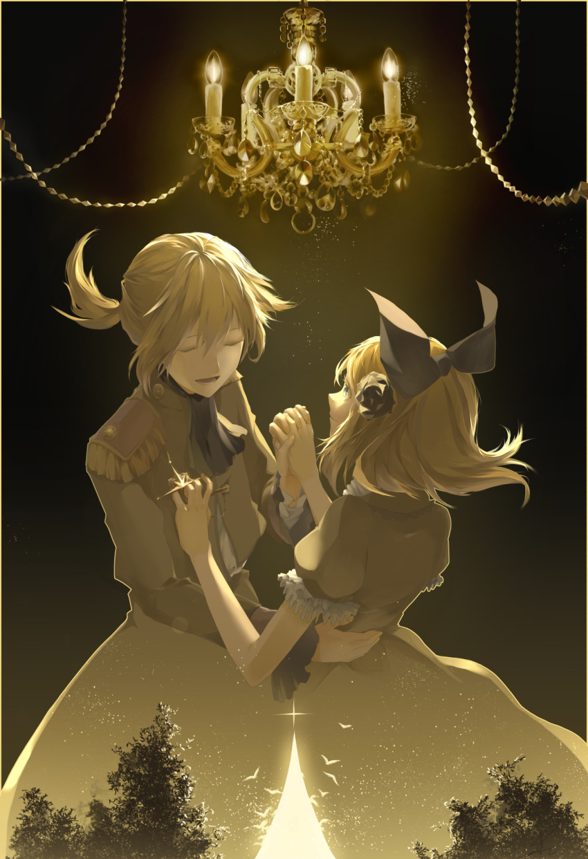 1boy 1girl black_bow black_dress blonde_hair bow chandelier closed_eyes double_exposure dress epaulettes facing_another hair_bow hand_holding highres interlocked_fingers juliet_sleeves kagamine_len kagamine_rin long_sleeves looking_at_another open_mouth puffy_sleeves saihate_(saihate_d3) smile tree uniform vocaloid