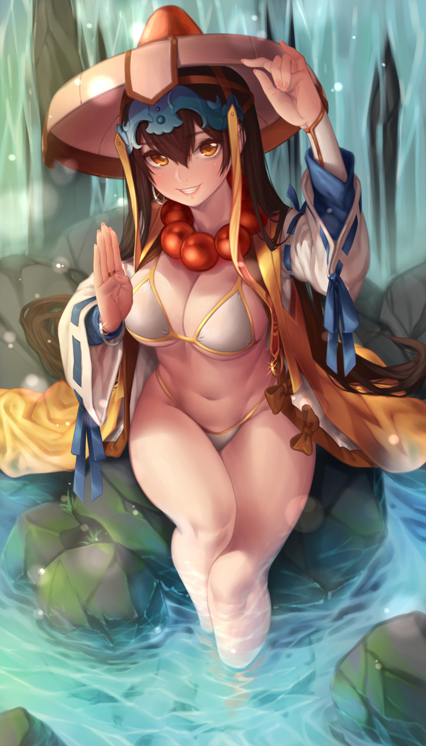 1girl :d absurdres adjusting_clothes adjusting_hat arm_up bangle bare_legs beads bikini blue_ribbon blush bow bracelet breasts brown_bow brown_eyes brown_hair cleavage commentary_request earrings fate/grand_order fate_(series) fingernails forest glint grin hand_on_headwear hat headpiece highres hoop_earrings ichimegasa japanese_clothes jewelry knee_up large_breasts lens_flare light_particles lips long_fingernails long_hair long_sleeves looking_at_viewer nail_polish nature navel open_clothes open_mouth prayer_beads ribbon ribbon-trimmed_sleeves ribbon_trim rico_(game00985) ring robe rock sitting smile soaking_feet solo stomach string_bikini sunlight swimsuit teeth very_long_hair water white_bikini white_hat wide_sleeves xuanzang_(fate/grand_order)