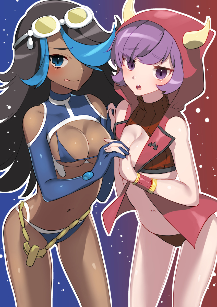 2girls black_hair blue_eyes blue_hair bracelet breasts cleavage dark_skin fake_horns goggles goggles_on_head hair_over_one_eye highres hood hoodie horned_headwear izumi_(pokemon) jewelry kagari_(pokemon) kagari_(pokemon)_(remake) large_breasts long_hair looking_at_viewer mizuki_eiru_(akagi_kurage) multicolored_hair multiple_girls navel open_mouth pokemon pokemon_(game) pokemon_oras purple_hair short_hair smile swimsuit team_aqua team_magma violet_eyes