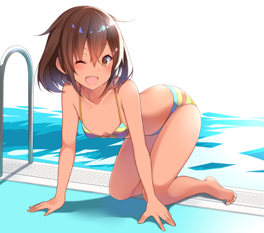 1girl ;d absurdres all_fours arm_support bangs bare_arms bare_legs bare_shoulders barefoot bikini blush breasts brown_eyes brown_hair collarbone commentary_request drain_(object) dripping hair_between_eyes hair_ornament hairclip highres ikazuchi_(kantai_collection) kantai_collection looking_at_viewer matsunoki_(unknown_751) multicolored multicolored_bikini multicolored_clothes multicolored_stripes one_eye_closed open_mouth pool pool_ladder poolside short_hair small_breasts smile solo striped striped_bikini swimsuit tareme water water_drop wet wet_hair