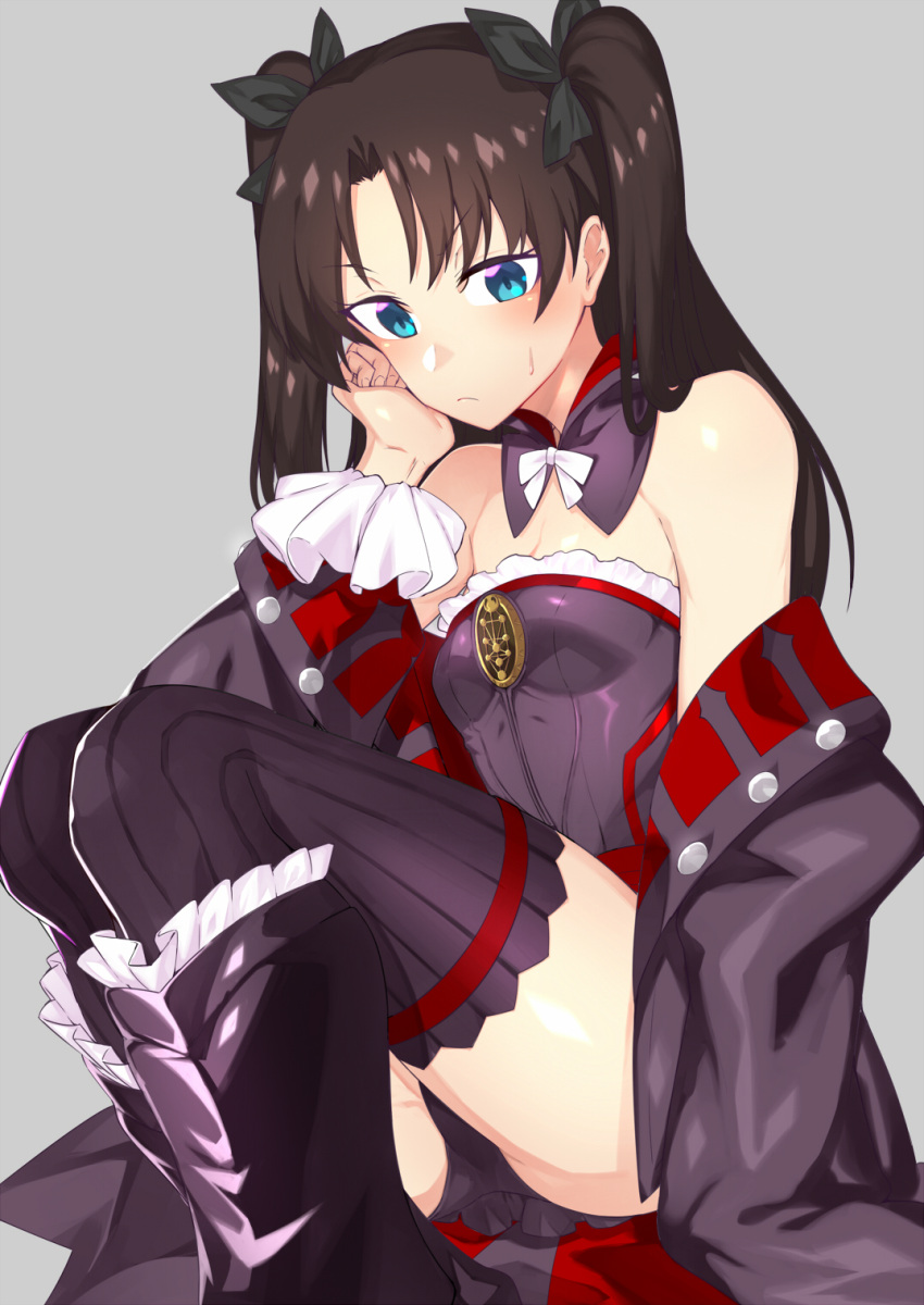 &gt;:( 1girl alternate_costume angry bangs bare_shoulders black_hair black_ribbon blue_eyes blush boots bow bowtie breasts closed_mouth coat commentary_request company_connection cosplay creator_connection detached_collar eyebrows_visible_through_hair fate/grand_order fate/stay_night fate_(series) female frilled_leotard frilled_sleeves frills grey_background hachi105 hair_ribbon hand_on_own_cheek head_rest helena_blavatsky_(fate/grand_order) helena_blavatsky_(fate/grand_order)_(cosplay) highres knee_boots knees_up leotard long_coat long_hair long_sleeves looking_at_viewer looking_down neck off_shoulder open_clothes open_coat parted_bangs purple_boots purple_coat purple_detached_collar purple_legwear purple_leotard ribbon shiny shiny_skin simple_background sitting small_breasts solo strapless strapless_leotard striped striped_legwear sweat thighs tohsaka_rin tsurime two_side_up type-moon vertical-striped_legwear vertical_stripes white_bow white_bowtie