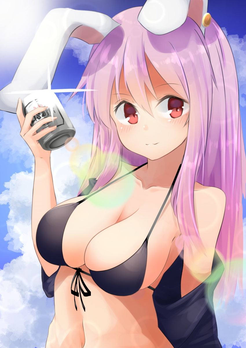 1girl absurdres animal_ears bikini black_bikini blue_skirt breasts can cleavage collarbone front-tie_bikini front-tie_top halter_top halterneck highres lens_flare long_hair looking_at_viewer medium_breasts navel purple_hair rabbit_ears red_eyes reisen_udongein_inaba skirt smile solo swimsuit touhou upper_body yusake_san