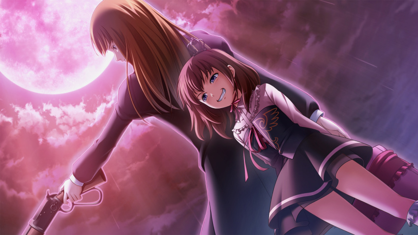 2girls bangs brown_hair crown dutch_angle grin gun highres long_hair mini_crown mother_and_daughter multiple_girls ribbon rifle skirt smile twilight_of_the_golden_witch umineko_no_naku_koro_ni ushiromiya_maria ushiromiya_rosa weapon