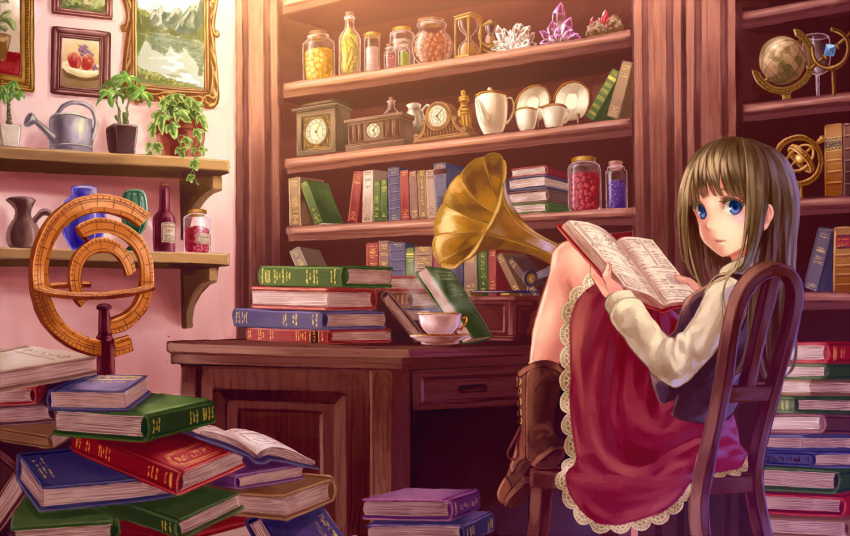1girl blue_eyes book book_stack boots brown_boots brown_hair chair clock cup desk holding holding_book hourglass jar long_hair looking_at_viewer open_book original painting phonograph plant plate potted_plant sitting solo steam teacup teiraa watering_can