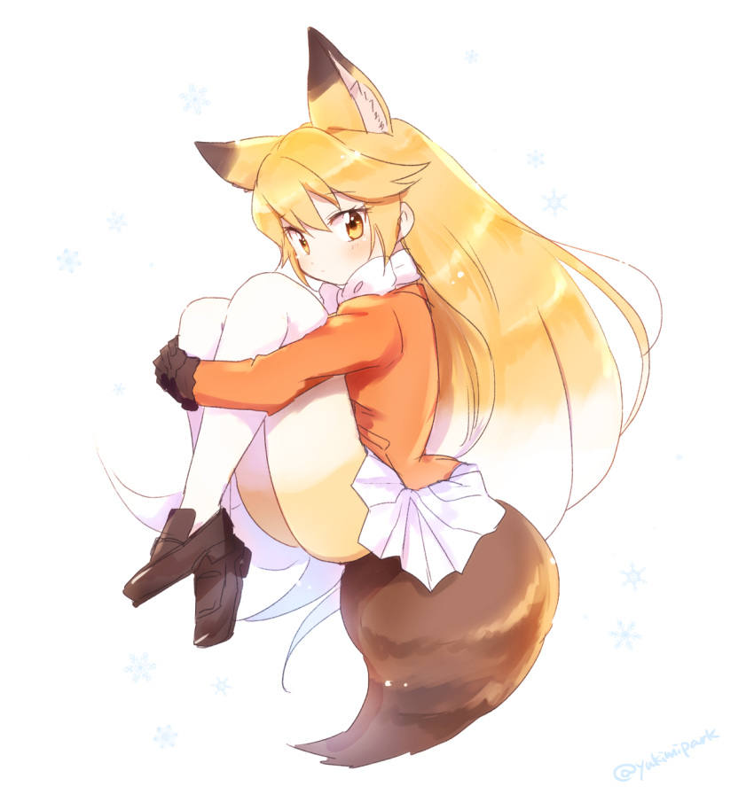 1girl :| animal_ears blazer blonde_hair blush bow brown_footwear brown_gloves brown_shoes closed_mouth expressionless extra_ears eyebrows_visible_through_hair eyelashes ezo_red_fox_(kemono_friends) fetal_position floating floating_hair fox_ears fox_tail from_side full_body fur-trimmed_sleeves fur_trim gloves gradient_hair gradient_legwear hair_between_eyes hands_clasped highres jacket kemono_friends knees_up leg_hug loafers long_hair long_sleeves looking_at_viewer multicolored multicolored_clothes multicolored_hair multicolored_legwear orange_jacket own_hands_together pantyhose pleated_skirt pocket scarf shoes skirt snowflake_background snowflakes solo tail tsurime twitter_username two-tone_hair two-tone_legwear very_long_hair white_bow white_hair white_legwear white_scarf white_skirt yellow_eyes yellow_legwear yukimi_park