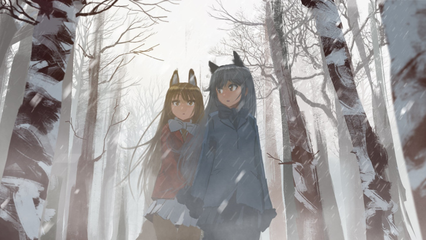 2girls :o animal_ears arms_at_sides bare_tree black_bow black_gloves black_legwear black_necktie black_scarf black_shirt black_skirt blazer blonde_hair blue_blazer blurry bow brown_eyes cowboy_shot depth_of_field extra_ears eyebrows_visible_through_hair ezo_red_fox_(kemono_friends) fox_ears fox_tail fur-trimmed_sleeves fur_trim gloves grey_hair hettsuaa highres jacket kemono_friends light_brown_eyes long_hair long_sleeves looking_at_another looking_at_viewer looking_to_the_side multiple_girls necktie open_mouth orange_jacket outdoors pantyhose pleated_skirt pocket scarf shirt silver_fox_(kemono_friends) silver_sky skirt sky snow snowing tail teeth tree tsurime upper_teeth very_long_hair wallpaper white_bow white_scarf white_shirt white_skirt wind yellow_legwear yellow_necktie