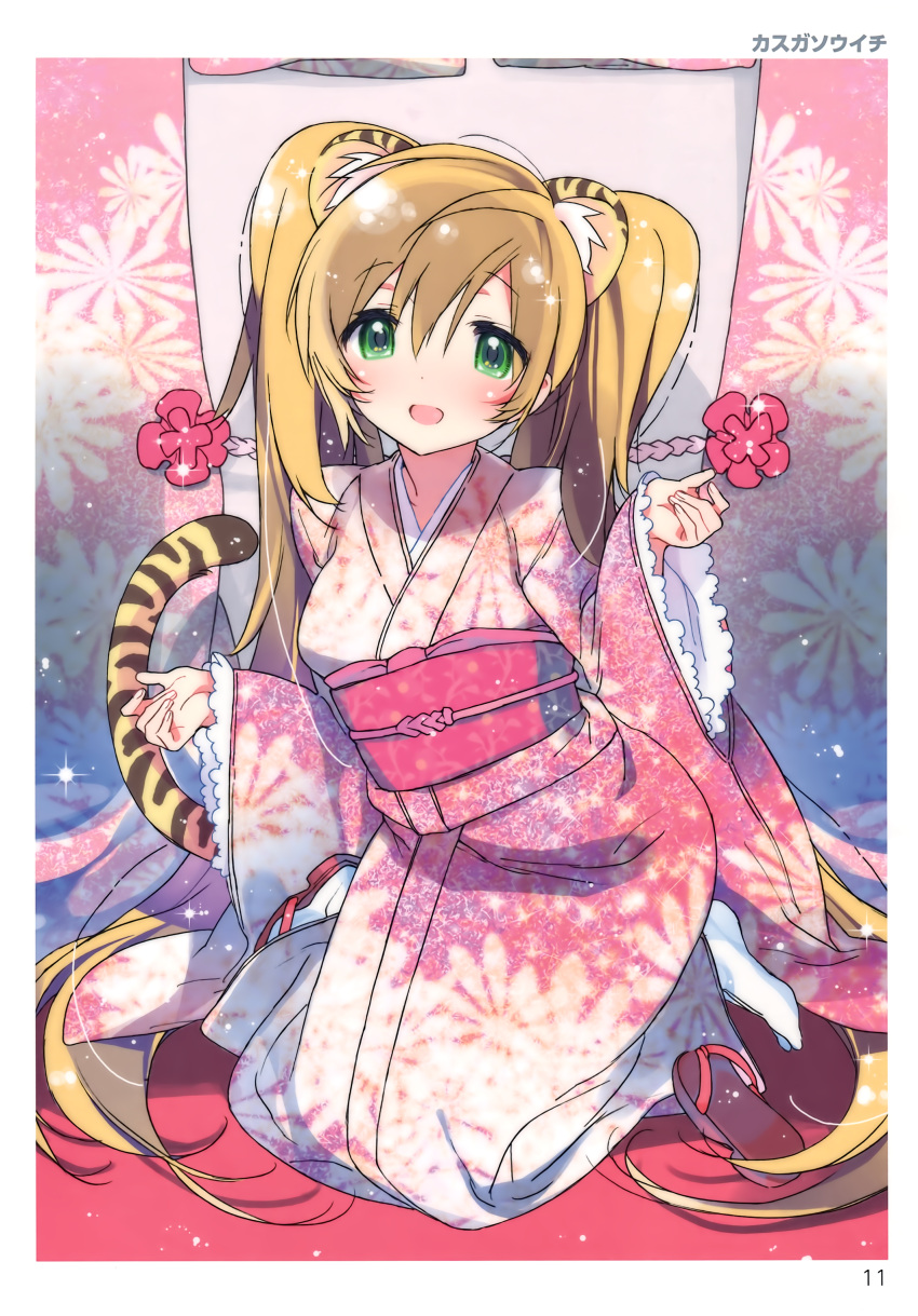 1girl :d absurdres animal_ears blonde_hair blush breasts eyebrows_visible_through_hair frill_trim full_body green_eyes hair_between_eyes head_tilt highres japanese_clothes kasuga_souichi kimono kneeling long_hair long_sleeves looking_at_viewer medium_breasts number obi open_mouth page_number sash silhouette smile solo sparkle striped_tail tabi tail tiger_ears tiger_tail toranoana twintails very_long_hair white_legwear wide_sleeves