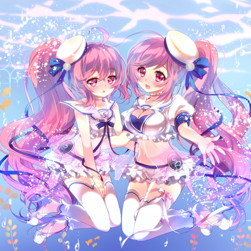 2girls blush breasts cleavage crop_top grace_(sound_voltex) hat high_heels highres long_hair midriff miniskirt multiple_girls navel open_mouth outstretched_hand pink_eyes pink_hair ponytail rasis shirt shoes skirt smile sound_voltex thigh-highs underwater very_long_hair white_legwear white_shirt white_skirt