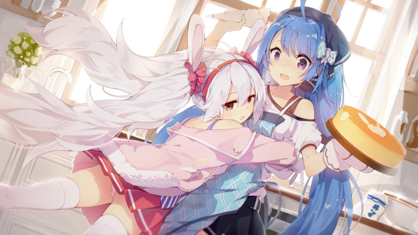 2girls ahoge animal_ears backlighting bangs bilan_hangxian black_skirt blue_hair blush brown_eyes cake cheesecake curtains dutch_angle eyebrows_visible_through_hair food hair_intakes hairband half-closed_eyes head_scarf highres hug indoors kitchen lf long_hair looking_at_another looking_at_viewer looking_back mittens mixing_bowl multiple_girls off_shoulder official_art open_mouth panties pantyshot pastry_bag pleated_skirt rabbit_ears red_skirt short_sleeves sidelocks skirt striped striped_panties sweatdrop thigh-highs thighs twintails underwear vase very_long_hair violet_eyes wavy_hair white_hair white_legwear window