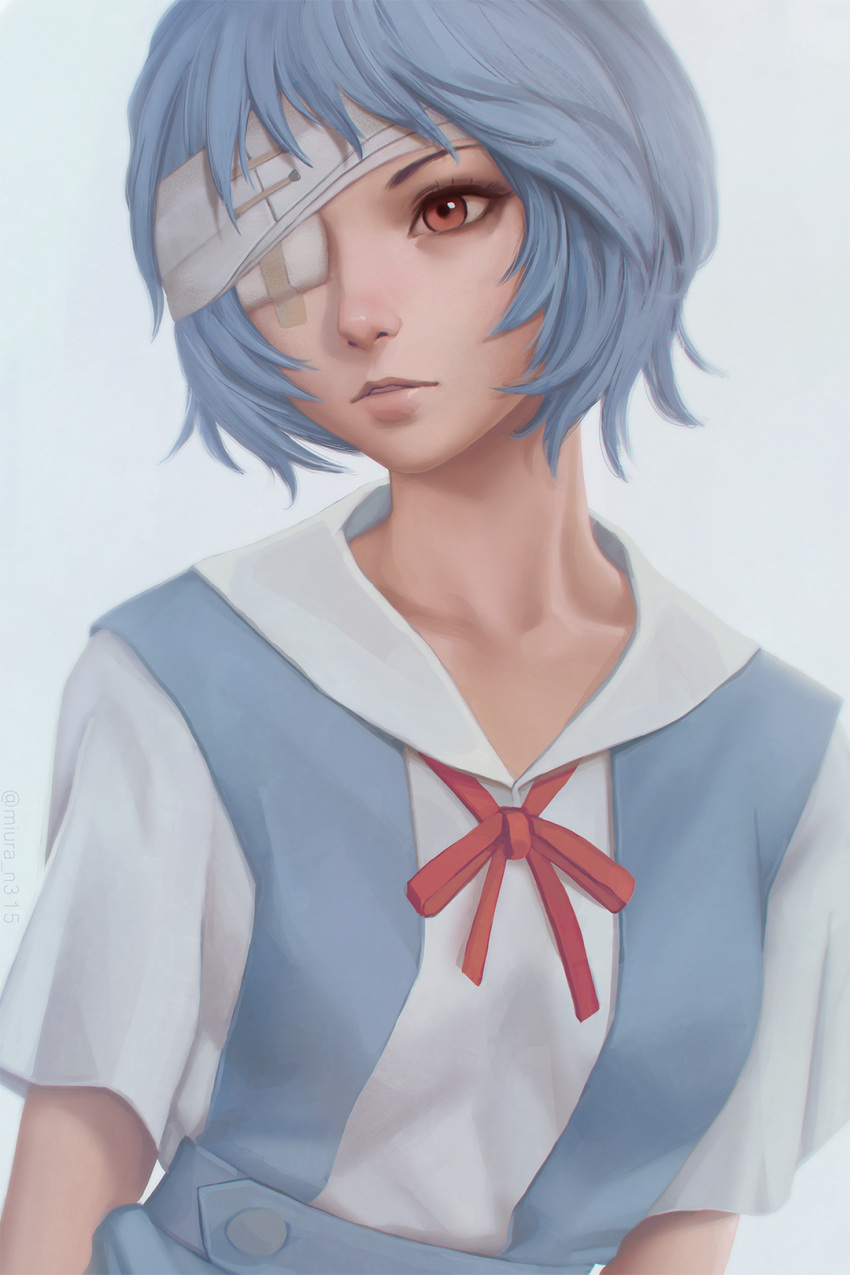 1girl arms_at_sides ayanami_rei bandaid bangs blue_hair blue_skirt breasts collarbone expressionless eyelashes eyepatch grey_background high-waist_skirt highres lips looking_afar looking_away looking_to_the_side miura-n315 neon_genesis_evangelion nose parted_lips realistic red_eyes red_ribbon ribbon school_uniform shirt short_hair short_sleeves simple_background skirt small_breasts solo tsurime upper_body white_background white_shirt