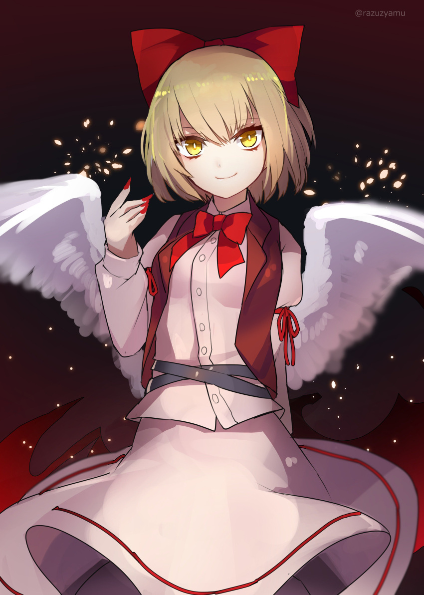 absurdres blonde_hair bow bowtie gengetsu hair_bow highres long_sleeves nail nail_polish razuzyamu red_bow red_bowtie ribbon short_hair skirt skirt_set smile touhou touhou_(pc-98) twitter_username white_wings wings yellow_eyes