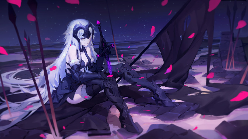 1girl armor armored_dress black_dress black_gloves boots breasts cleavage depth_charge dress elbow_gloves fate/grand_order fate_(series) faulds flag full_body fur_trim gauntlets gloves gods_(1073337800) greaves grin headpiece high_heel_boots high_heels highres jeanne_alter light_particles long_hair medium_breasts petals ruins ruler_(fate/apocrypha) sitting smile solo sword very_long_hair weapon yellow_eyes