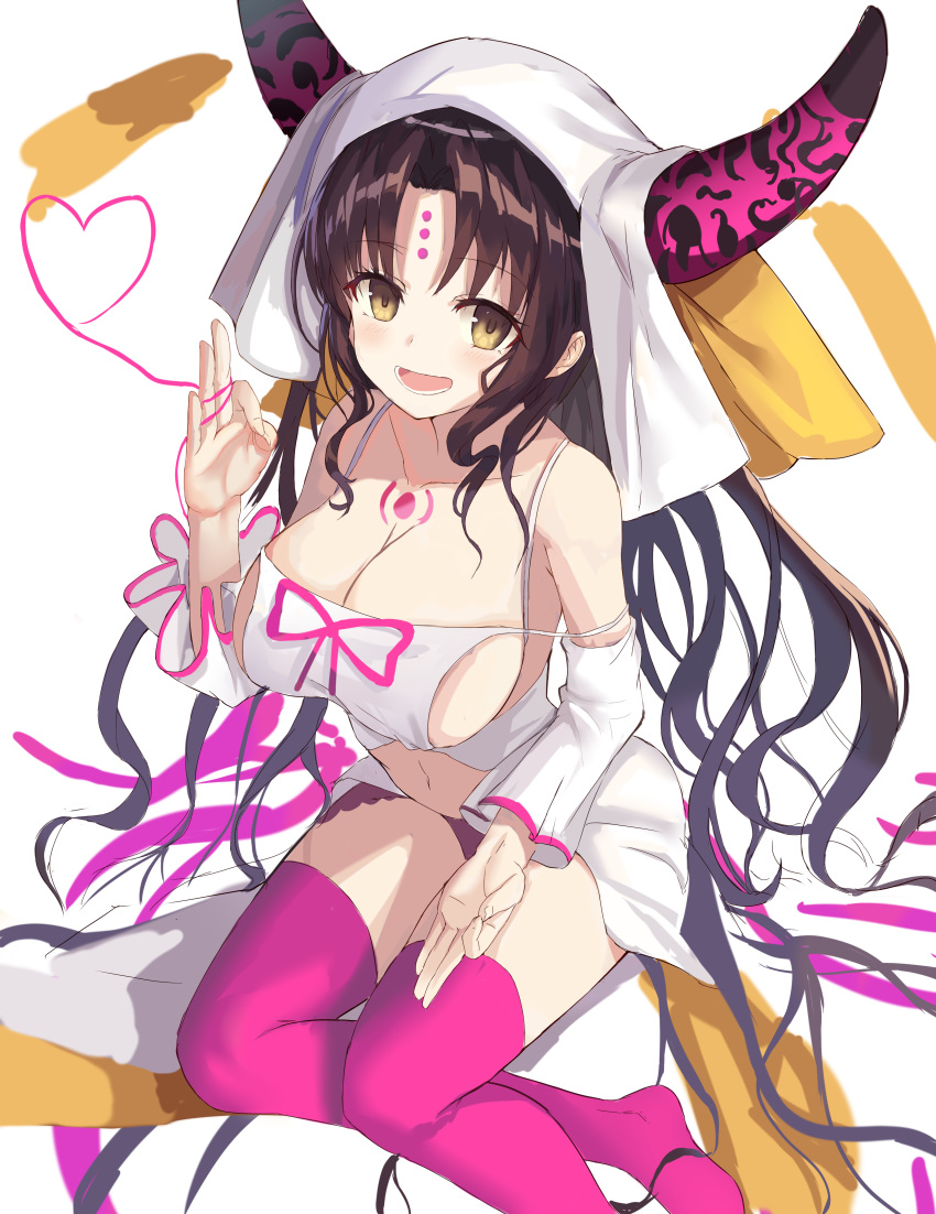 1girl :d absurdres bangs bare_shoulders blush breasts brown_hair c3yooooo cleavage collarbone detached_sleeves eyebrows_visible_through_hair fate/extra fate/extra_ccc fate_(series) gesture heart heart_of_string highres horns large_breasts long_hair looking_at_viewer navel open_mouth parted_bangs purple_legwear purple_ribbon revealing_clothes ribbon sesshouin_kiara simple_background sitting smile solo teeth thigh-highs thighs veil very_long_hair white_background yellow_eyes yokozuwari