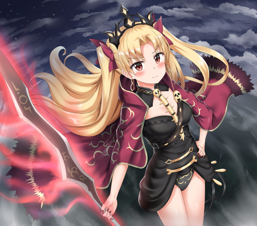 1girl bangs blonde_hair blush cape commentary_request earrings ereshkigal_(fate/grand_order) fate/grand_order fate_(series) hair_ribbon highres jewelry long_hair looking_at_viewer nedia_r red_cape red_eyes red_ribbon ribbon skull solo tiara tohsaka_rin twintails two_side_up