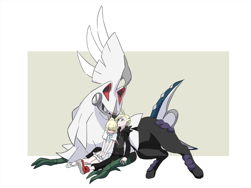 1boy 1girl black_pants blonde_hair brother_and_sister buntatta closed_eyes gladio_(pokemon) green_eyes highres hood hoodie lillie_(pokemon) long_hair long_sleeves pants pokemon pokemon_(creature) pokemon_(game) pokemon_sm shirt short_hair short_sleeves siblings silvally simple_background sitting skirt sleeping sleeping_on_person torn_clothes white_shirt white_skirt