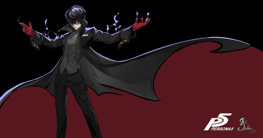 1boy absurdres black_hair copyright_name gloves hat highres kurusu_akira looking_at_viewer male_focus mask persona persona_5 short_hair simple_background smile solo xq