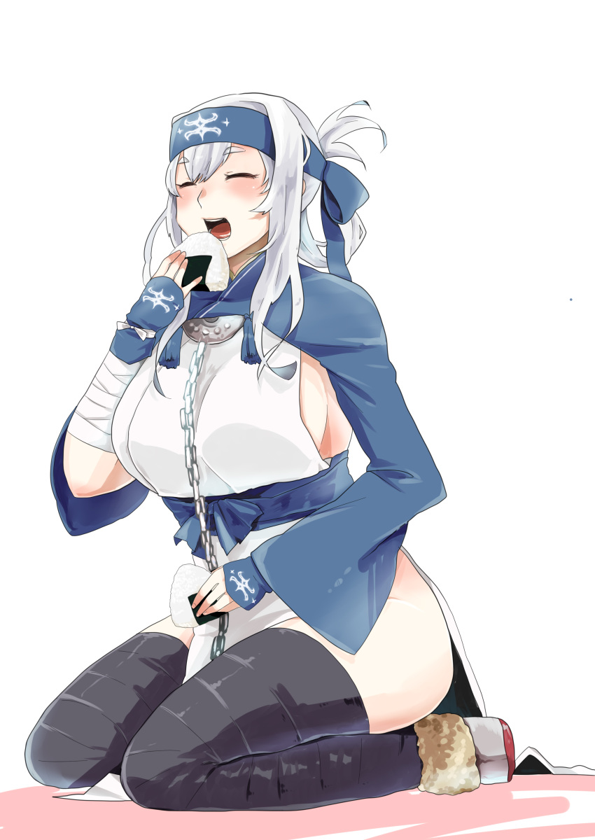 1girl absurdres ainu_clothes black_legwear breasts chains closed_eyes eating folded_ponytail food fundoshi headband highres japanese_clothes kamoi_(kantai_collection) kantai_collection large_breasts long_hair long_sleeves nunu_shiki onigiri open_mouth seiza sidelocks simple_background sitting solo thick_eyebrows thigh-highs white_background white_hair wrist_guards