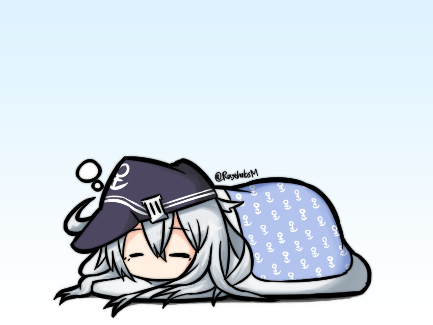 1girl anchor_print chibi flat_cap futon hair_between_eyes hat hibiki_(kantai_collection) kantai_collection long_hair raythalosm silver_hair sleeping solo twitter_username under_covers