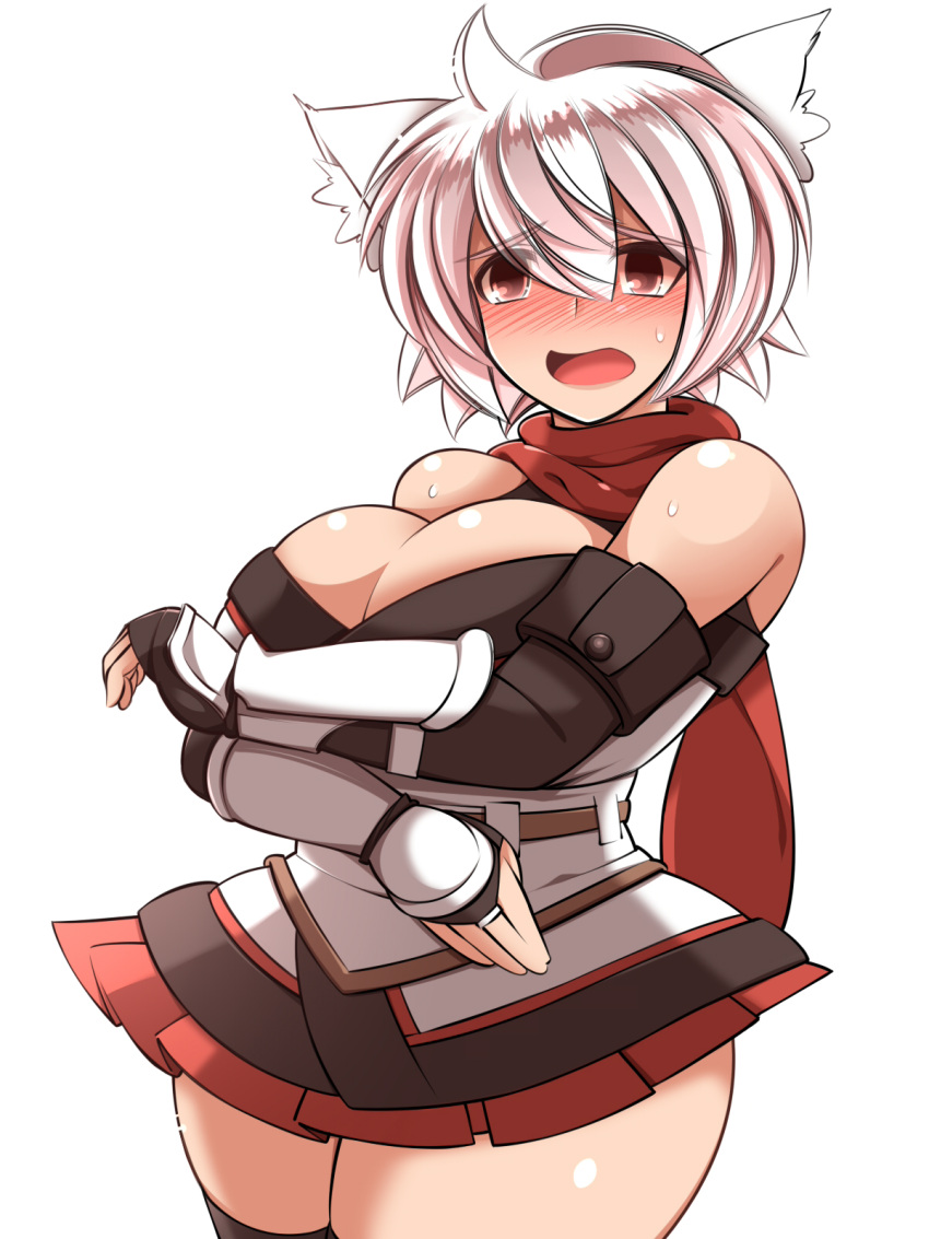 1girl alternate_costume animal_ears bare_shoulders blush breasts cleavage detached_sleeves full-face_blush hat highres inubashiri_momiji large_breasts looking_at_viewer open_mouth plump red_eyes red_scarf scarf short_hair silver_hair solo sweat tail thick_thighs tokin_hat touhou ueda_katsuhito wide_hips wolf_ears wolf_tail