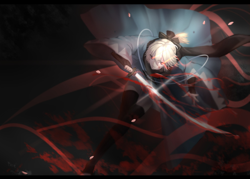 1girl absurdres arm_guards black_legwear black_scarf cape dark dutch_angle fate_(series) glint glowing glowing_eyes highres holding holding_sword holding_weapon koha-ace lanzi_(415460661) letterboxed light_trail looking_at_viewer one_leg_raised petals red_eyes sakura_saber scarf solo sword thigh-highs weapon wide_sleeves zettai_ryouiki
