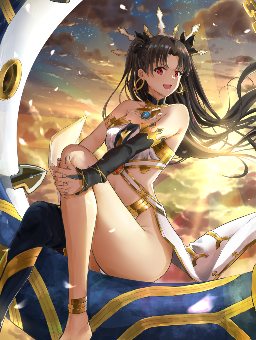 &gt;:d 1girl :d anklet arm_warmers armlet backlighting bangs bare_legs bare_shoulders barefoot black_hair black_legwear clouds collarbone detached_collar earrings fate_(series) fingernails floating_hair hands_clasped highres hoop_earrings ishtar_(fate/grand_order) jewelry k_ryo knee_up light_rays long_hair looking_at_viewer morning navel open_mouth outdoors parted_bangs petals red_eyes revealing_clothes single_thighhigh sitting sketch sky smile solo star_(sky) starry_sky sunbeam sunlight thigh-highs thighs tiara tohsaka_rin very_long_hair waist_cape wind