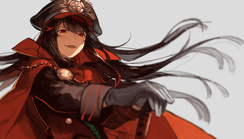 1girl bad_id bad_pixiv_id black_hair blurry bunko_(fumimatsu) cape demon_archer depth_of_field fate_(series) from_below gloves grey_background hat katana koha-ace long_hair looking_at_viewer narrowed_eyes open_mouth peaked_cap red_cape red_eyes smile solo sword teeth weapon