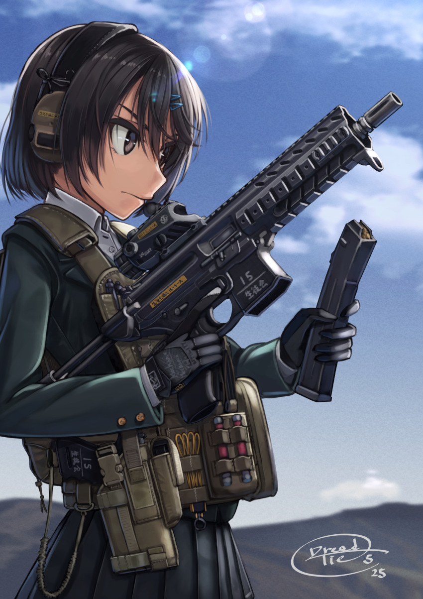 1girl artist_signature black_eyes black_hair cartridge clouds dreadtie gloves gun hair_ornament hairclip headset highres lens_flare looking_to_the_side medium_hair mountain original pleated_skirt pouch reloading rifle school_uniform serious skirt sky solo trigger_discipline utility_vest weapon