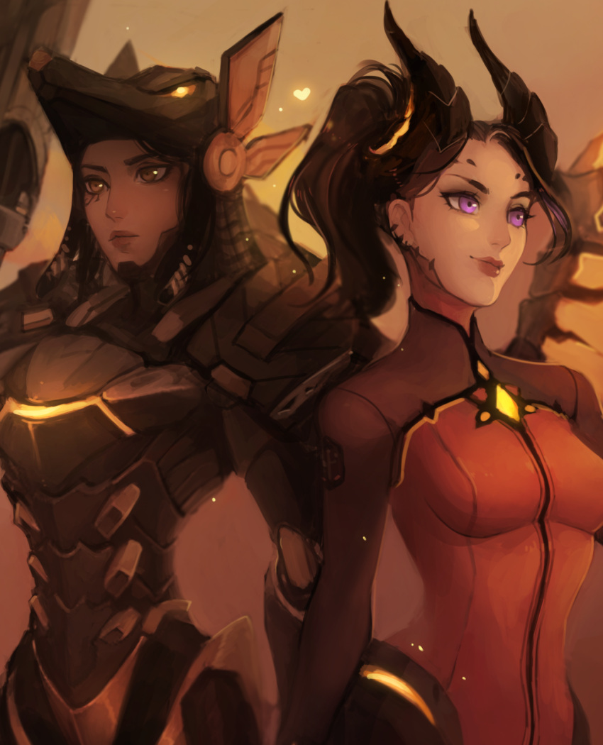 2girls alternate_costume artist_name black_hair bodysuit breasts brown_eyes close-up dark_persona dark_skin demon_horns devil_mercy eye_of_horus facial_mark facial_tattoo forehead_mark gloves gradient gradient_background hair_tubes heart helmet highres horns lips looking_away matilda_vin mechanical_wings medium_breasts mercy_(overwatch) multiple_girls orange_background orange_wings overwatch pharah_(overwatch) ponytail short_hair side_braids signature smile tattoo upper_body violet_eyes wings