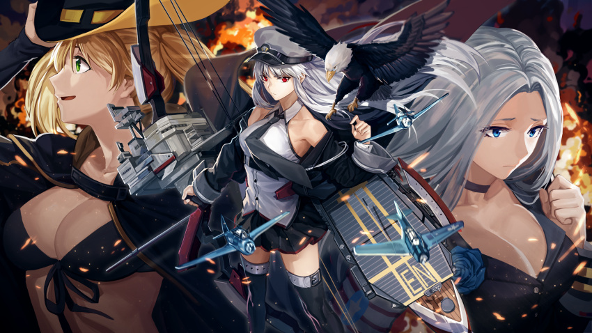 3girls bald_eagle belt bikini bilan_hangxian bird blonde_hair blue_eyes breasts capelet choker cleavage coat collarbone cowboy_hat eagle explosion f6f_hellcat feathers flight_deck flower flying from_above green_eyes hat highres holding holding_hat landing looking_to_the_side looking_up mecha_musume multiple_girls necktie personification pleated_skirt red_eyes rff_(3_percent) rose silver_hair skirt sleeveless swimsuit tbf_avenger thigh-highs thigh_strap twintails us_navy weapon wind world_war_ii zettai_ryouiki
