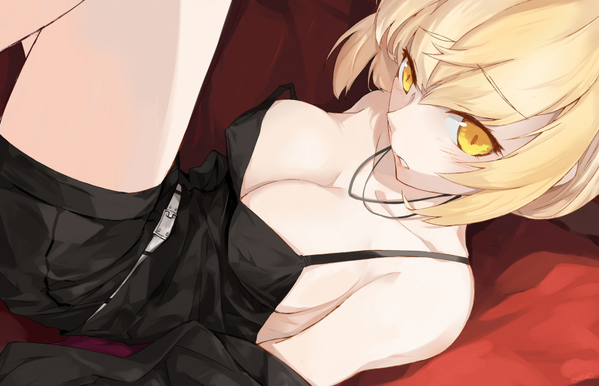 1girl black_dress black_shorts blonde_hair blush braid breasts cleavage collarbone commentary_request dress erect_nipples fate/grand_order fate_(series) french_braid gothic_lolita hair_between_eyes highres large_breasts lips lolita_fashion long_hair lying on_back parted_lips saber saber_alter shorts strap_slip yellow_eyes zhengda200808