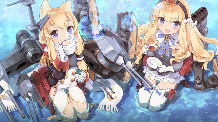 &gt;:d 2girls :d air_bubble bangs bilan_hangxian blonde_hair blue_eyes blurry blush bow bubble bubble_blowing commentary_request crown cup depth_of_field detached_collar epaulettes eyebrows_visible_through_hair fang fringe gloves hair_between_eyes hair_bow highres holding holding_cup holding_plate kisetsu kneeling legs_together long_hair mini_crown multiple_girls ocean official_art open_mouth plate rigging saucer scarf seiza shallow_water ship sitting smile tea teacup thigh-highs thighs violet_eyes water watercraft wavy_hair white_bow white_gloves white_legwear white_scarf