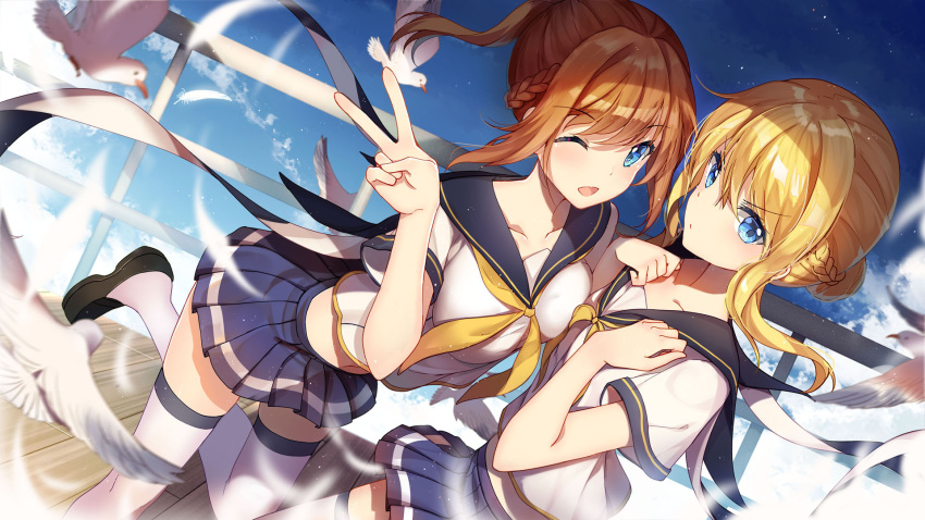 2girls ;d bangs bilan_hangxian bird bison_cangshu blonde_hair blue_eyes blue_sky blush braid breasts brown_hair collarbone day dove french_braid from_side highres large_breasts looking_at_viewer looking_to_the_side miniskirt multiple_girls neckerchief one_eye_closed open_mouth outdoors pleated_skirt school_uniform short_sleeves skirt sky smile thigh-highs v white_feathers white_legwear