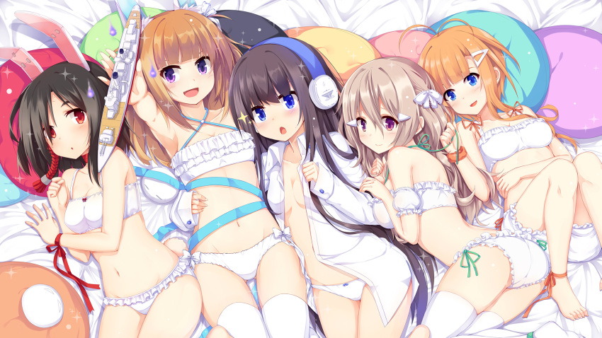 5girls :o aixioo animal_ears ass bangs barefoot bed_sheet bilan_hangxian black_hair blue_eyes blue_ribbon blunt_bangs blush bra breasts brown_hair closed_mouth collarbone dress_shirt frilled_bra frilled_panties frills hair_ornament halter_top halterneck hand_up headphones highres holding knees_together_feet_apart lingerie long_hair looking_at_another lying medium_breasts model_ship multiple_girls navel no_bra on_back on_bed on_side open_clothes open_mouth open_shirt orange_eyes orange_hair outstretched_arm panties parted_lips pillow rabbit_ears red_eyes red_ribbon ribbon shirt sleeves_past_wrists small_breasts smile sparkle thigh-highs thighs underwear very_long_hair violet_eyes wedgie white_bra white_legwear white_panties wrist_ribbon
