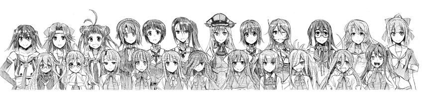 6+girls :d absurdres adjusting_glasses akashi_(kantai_collection) anchor antenna_hair asashimo_(kantai_collection) ascot ashigara_(kantai_collection) bandanna bangs bare_shoulders bismarck_(kantai_collection) blunt_bangs blush bow bowtie breasts buttons closed_mouth crescent crescent_moon_pin detached_sleeves double_bun dress elbow_gloves forehead_protector glasses gloves greyscale grin hachimaki haguro_(kantai_collection) hair_between_eyes hair_bow hair_intakes hair_ornament hair_over_one_eye hair_over_shoulder hair_ribbon hat hatsukaze_(kantai_collection) hayashimo_(kantai_collection) headband highres japanese_clothes jintsuu_(kantai_collection) kamikaze_(kantai_collection) kantai_collection kasumi_(kantai_collection) kiyoshimo_(kantai_collection) long_hair long_image long_sleeves looking_at_viewer low_twintails makigumo_(kantai_collection) meiji_schoolgirl_uniform military military_hat military_uniform mochizuki_(kantai_collection) mole mole_under_mouth monochrome multiple_girls myoukou_(kantai_collection) nachi_(kantai_collection) naganami_(kantai_collection) naka_(kantai_collection) necktie ooyodo_(kantai_collection) open_mouth peaked_cap pinafore_dress ponytail remodel_(kantai_collection) ribbon round_teeth school_uniform sendai_(kantai_collection) serafuku shirt short_hair short_sleeves side_ponytail simple_background sleeveless sleeveless_dress sleeves_past_wrists smile takanami_(kantai_collection) takao_(kantai_collection) teeth tress_ribbon tsuji_kazuho twintails two_side_up uniform upper_body very_long_hair vest wavy_hair white_background wide_image yuubari_(kantai_collection) yuugumo_(kantai_collection)
