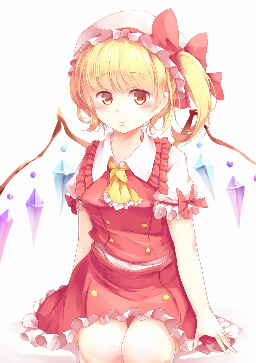 1girl ascot bangs blonde_hair blush bow breasts closed_mouth crystal flandre_scarlet frilled_shirt frilled_shirt_collar frilled_skirt frilled_sleeves frills hat hat_bow highres kanzakietc looking_at_viewer medium_breasts mob_cap puffy_short_sleeves puffy_sleeves red_bow red_eyes red_skirt red_vest seiza shirt short_sleeves side_ponytail sitting skirt skirt_set smile solo touhou vest white_shirt wings wrist_cuffs yellow_ascot