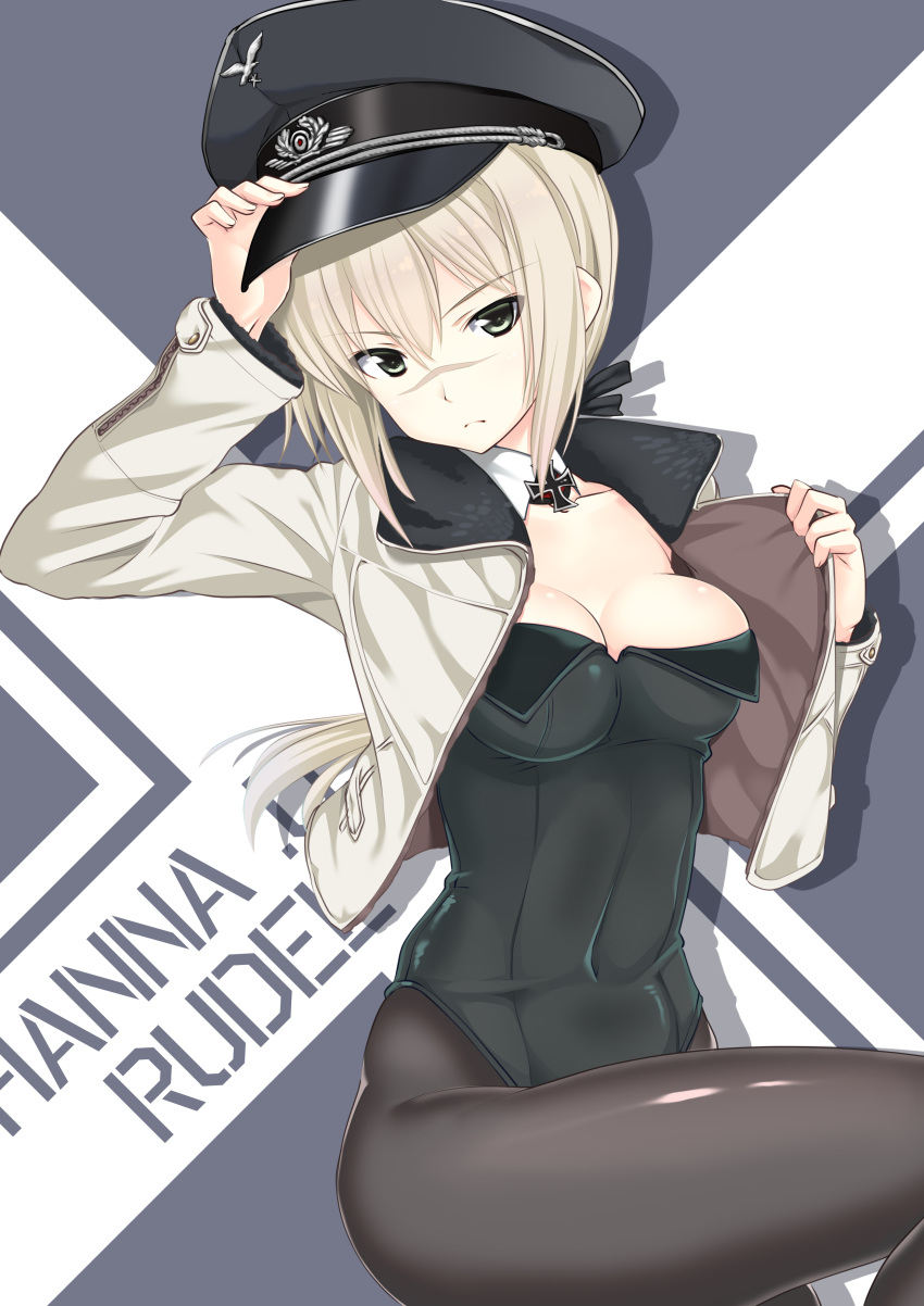 1girl a9b_(louis814) absurdres animal_ears black_legwear black_leotard black_ribbon blonde_hair bow breasts character_name collarbone detached_collar garrison_cap green_eyes hair_bow hanna_rudel hat head_tilt highres jacket leotard long_hair long_sleeves medium_breasts military military_uniform open_clothes open_jacket pantyhose playboy_bunny_leotard ponytail ribbon shiny shiny_clothes sitting strike_witches uniform white_jacket world_witches_series